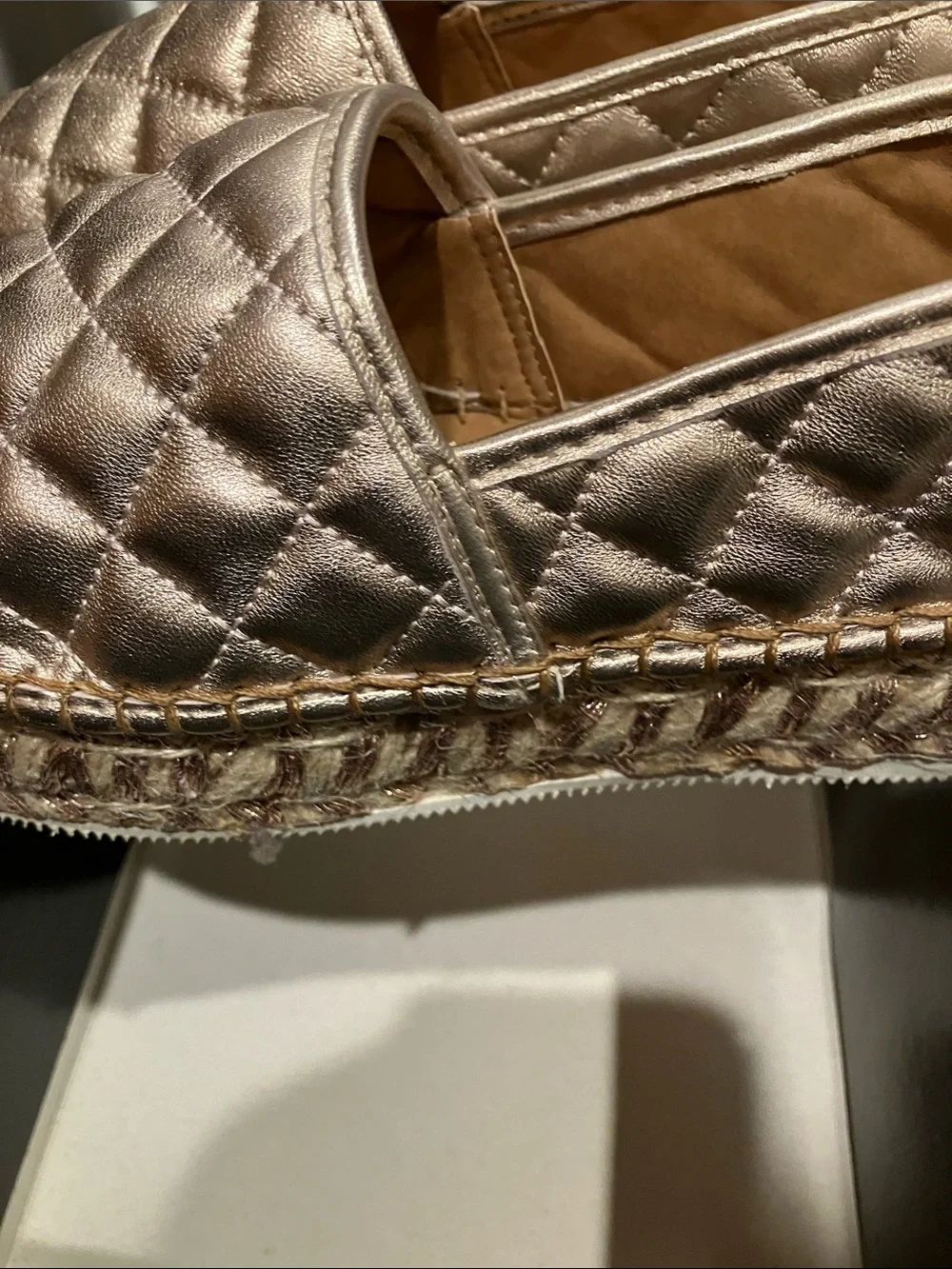 Quilted Metallic Espadrille Slip-Ons in Rose Gold